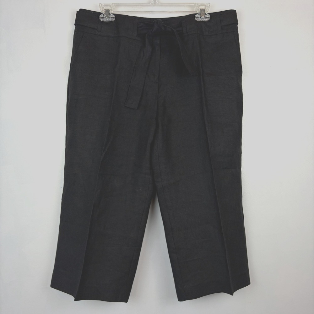 Talbots Crop Pants Womens 14P Petite Capri Black Wide Leg Linen Tie Belt Career